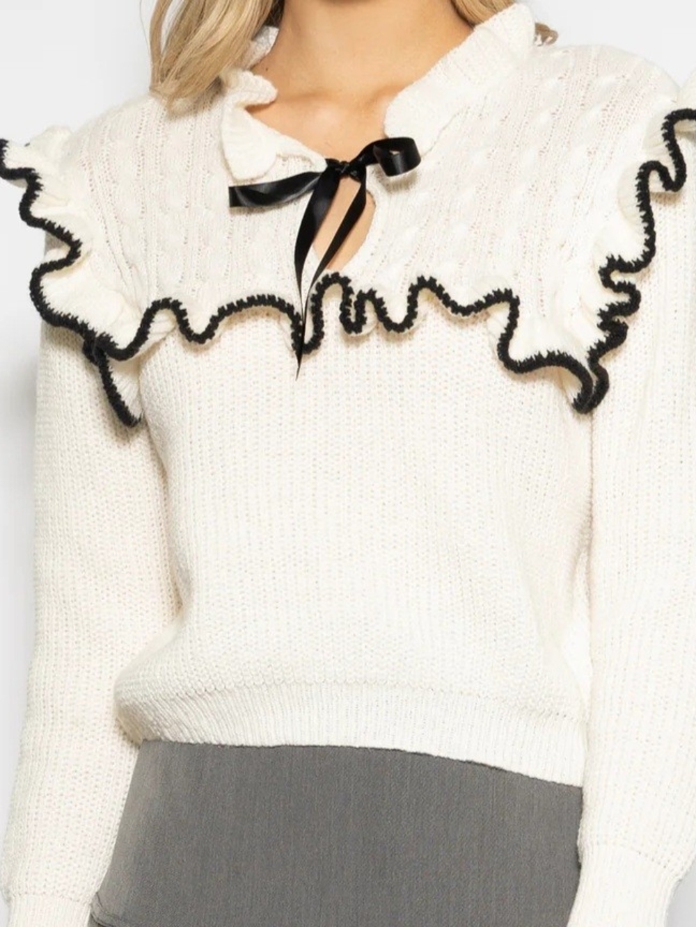 Ivory Ruffle-Trim Knit Sweater with Black Ribbon